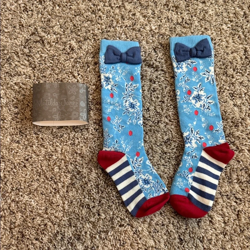 Matilda Jane Blue Floral Knee-High Socks with Navy Bow and Red Accents small